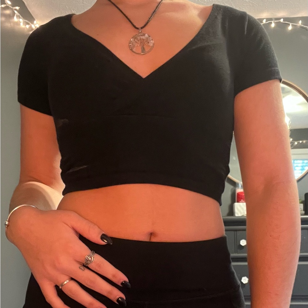 Brandy Melville, Black, Crisscross V-Neck, T-Shirt